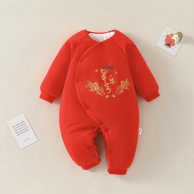 Newborn Red Cotton Onesie: Winter Warm Padded Jumpsuit for Autumn Crawling and New Year Celebrations.