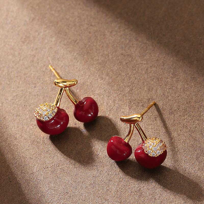 Stylish Exquisite Sweet Red Oil Dripping Cherry Stud Earrings Light Luxury Simple Small Fresh Earrings Niche Design Earrings