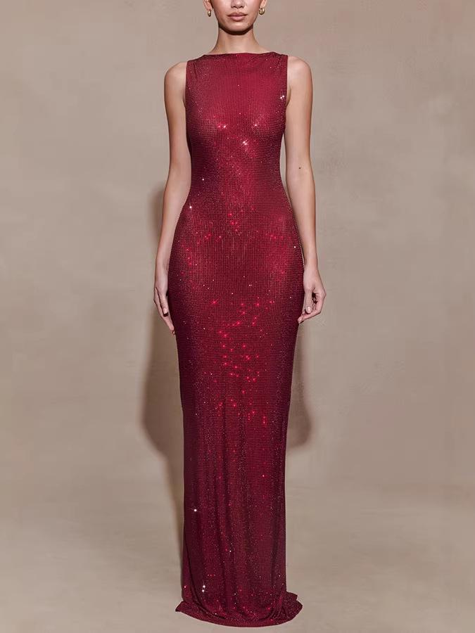 European American Women's Sleeveless Sequin Back Slit Evening Gown