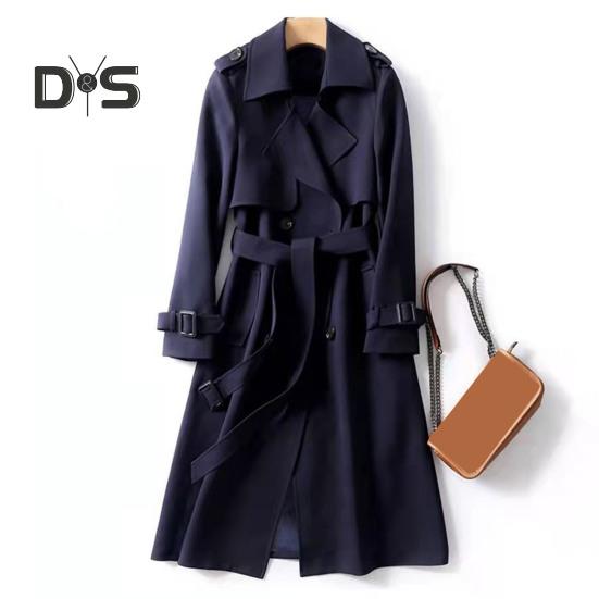 Dámská Větrovka Stahovací límec Volný Kabát Pure Color Dvouřadý Dlouhé rukávy Pásek Dekor Kabát Střední délka s kapsami Větruodolná Lady