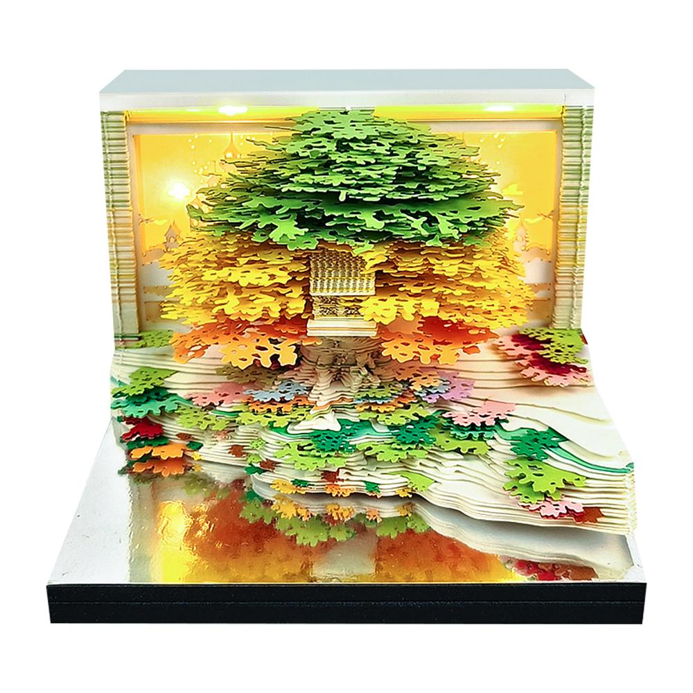 3D Calendar Sticky Notes of Flower Sea and Tree Island 2026 Unique Paper Sculpture Calendar For Desk Decor With Lights Design