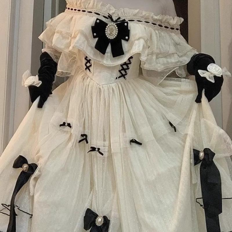 Vintage Elegant Lolita Dress Women Sweet Bow High Waist Fairy Party Dresses Summer Cosplay Costumes French Princess Dresses