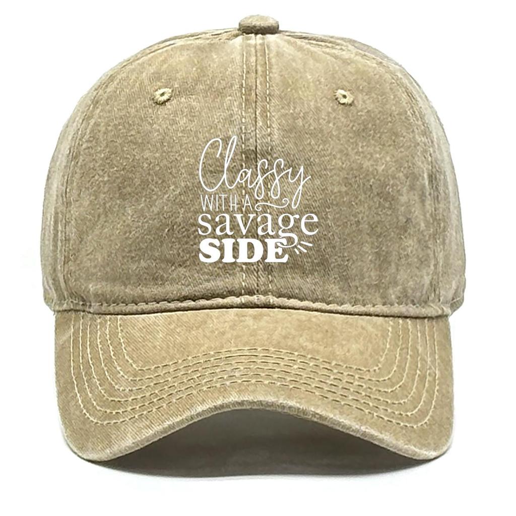 classy savage side" Print Snapback Baseball Cap, Flat Cap Headwear Raw Brim Breathable Curved Brim Adjustable Sun Hat