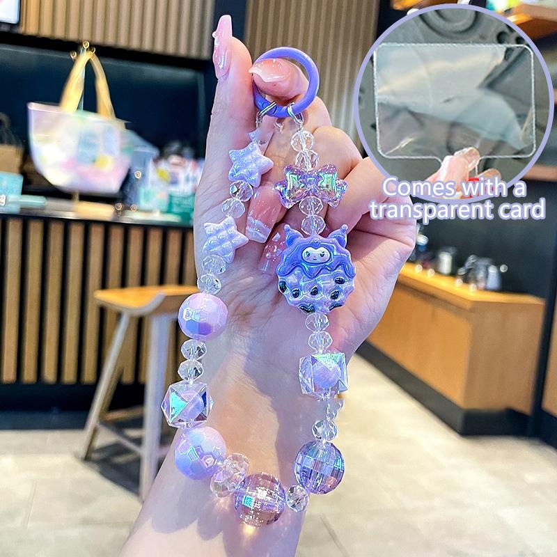 Kawaii Sanrio Hello Kitty Phone Chain W/Card Kuromi Cinnamoroll My Melody Beads Keychain Bowknot Anti-Lost Wrist Strap Bag Decor