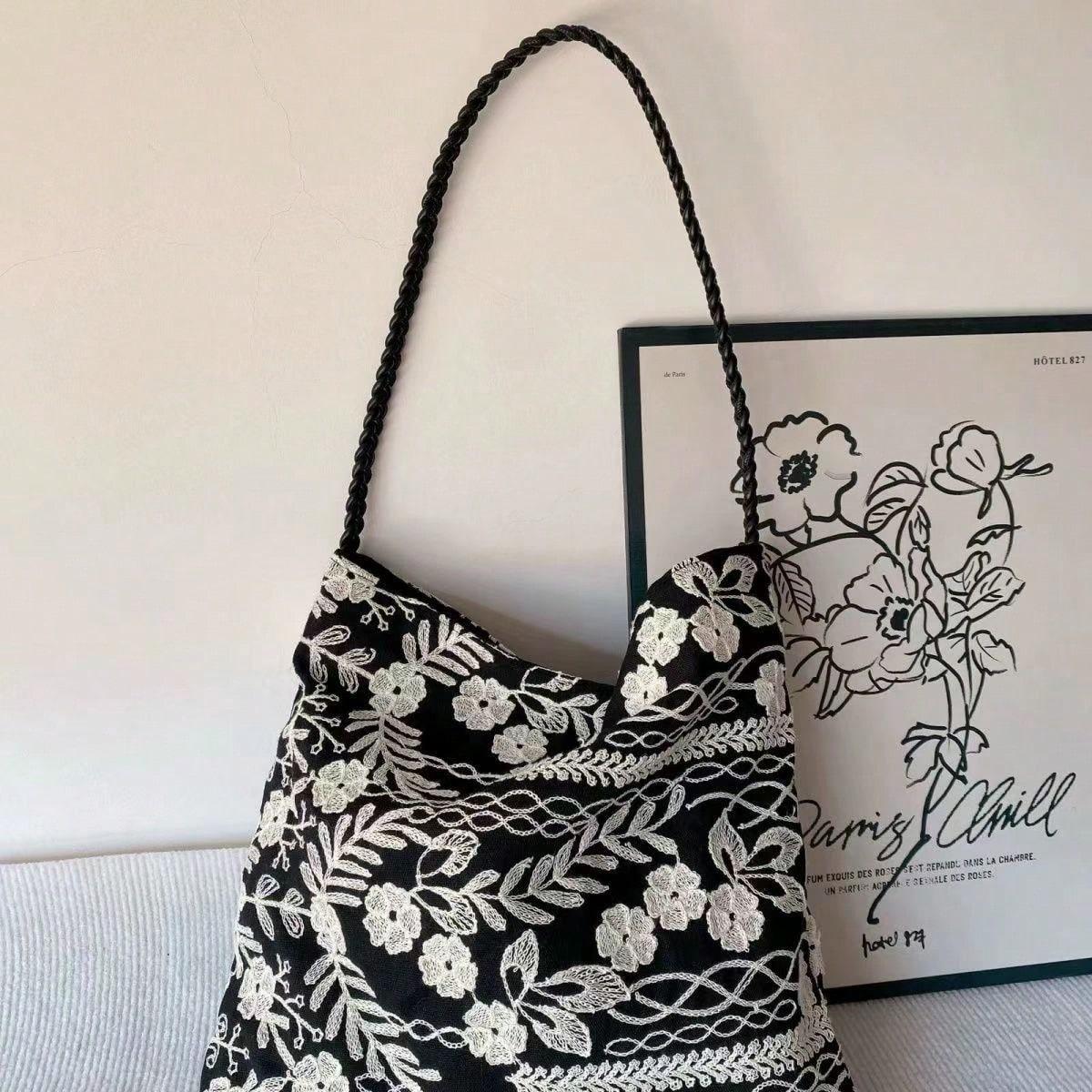 Sac d'épaule sous le bras style chinois Sac en tissu brodé rétro français mini sac à main sac fourre-tout black multicolore