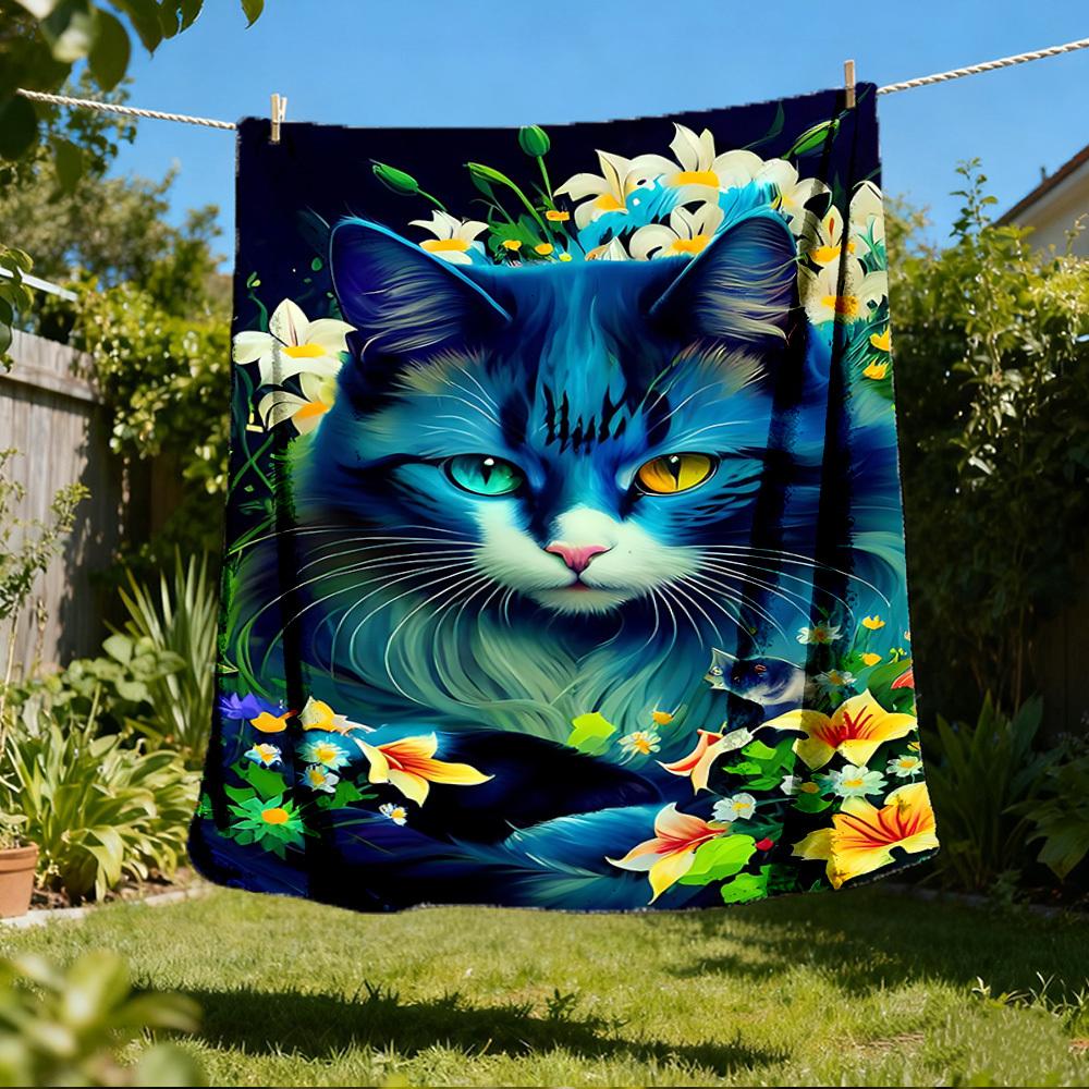 1pc Blue Cat Flowers Print Outdoor Blanket, Lightweight Polyester,