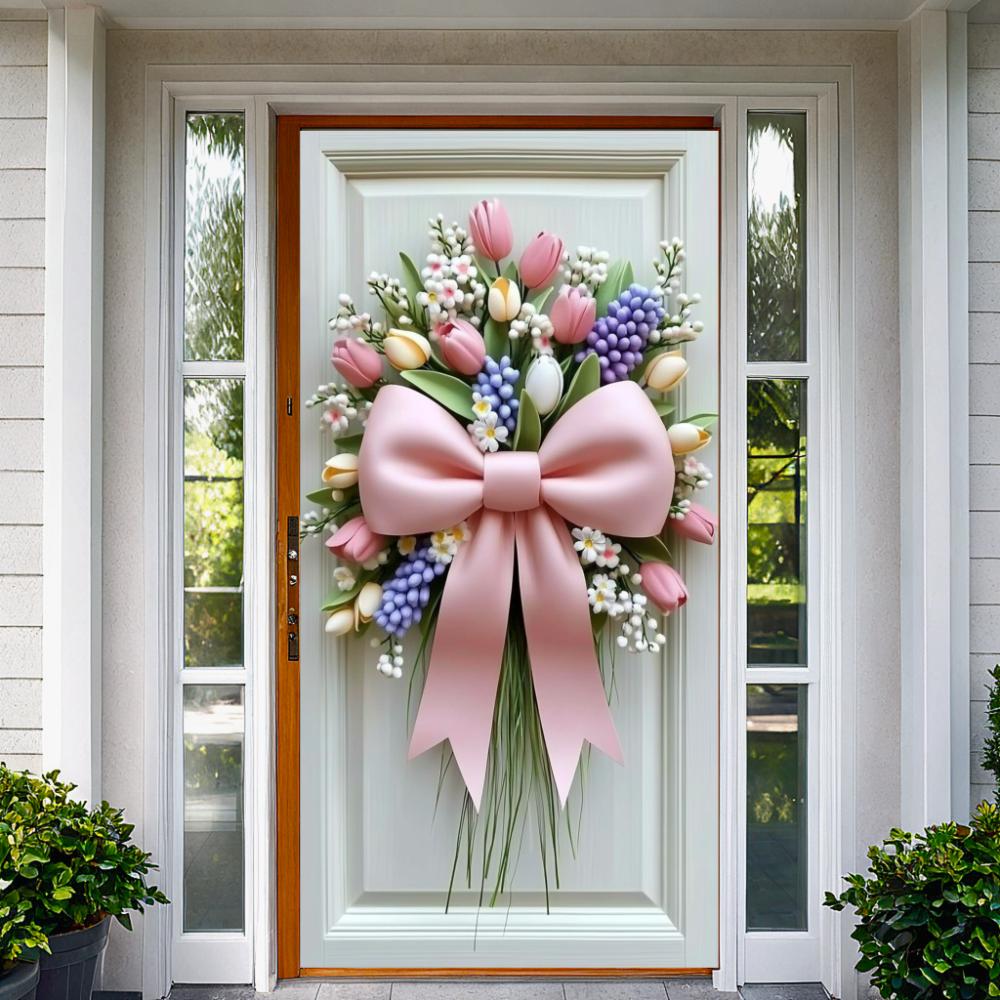 Spring Bow Wreath Door Cover Floral Banner Ribbon Bow Door Lining Background 2025 New Home Party Decoration Pink Purple