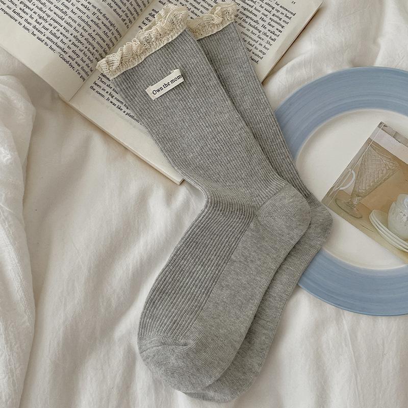 

Женские весенне-осенние однотонные пуловеры, милая кружевная этикетка из кружевной ткани в трубчатых махровых носках 1 pair серый