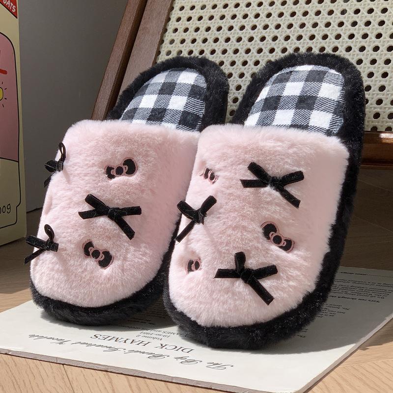 New fashionable contrasting color bow fluffy slippers autumn and winter indoor home velvet warm non-slip cotton slippers