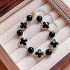 Green Rutilated Quartz & Obsidian Four-Leaf Clover Bracelet - Dreamy Wonderland Design for Women, Unique Gift.