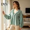 Lockere Bluse Damen Rüschen V-Ausschnitt Bluse, Laternenärmel Festliches Lässiges Oberteil, Profil Falten Einfarbige Hemdbluse für Herbst Dame