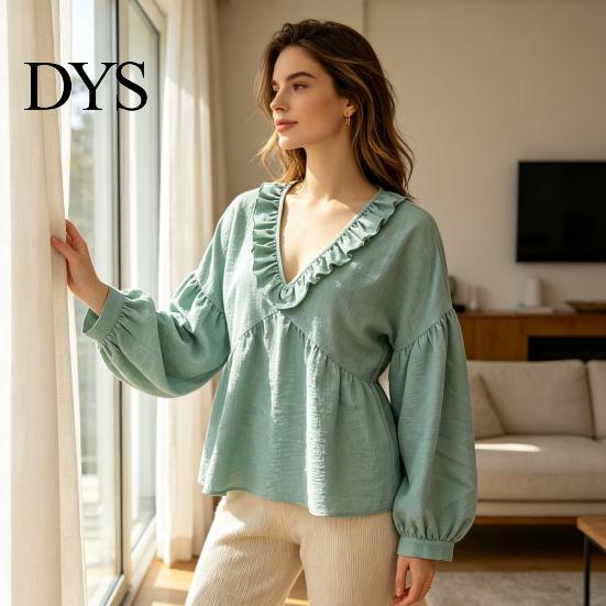 Lockere Bluse Damen Rüschen V-Ausschnitt Bluse, Laternenärmel Festliches Lässiges Oberteil, Profil Falten Einfarbige Hemdbluse für Herbst Dame