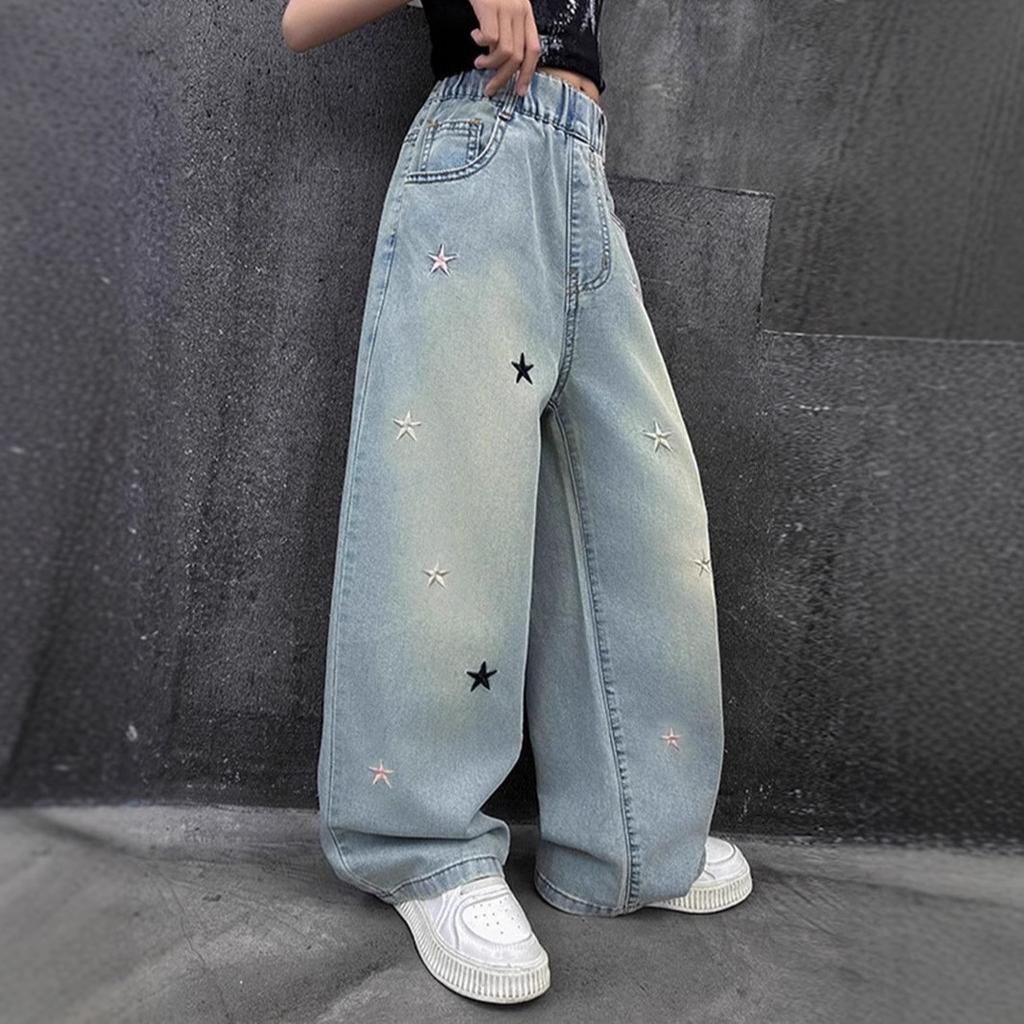 Spring Autumn Girls Jeans Embroidery Five-pointed Star Loose Pants for 3-12 Years Teen Girls Stylish Denim Wide Leg Pants
