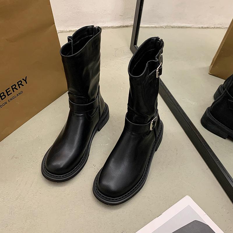 Hongtong Free and Easy Spice Girls~ Coarse Heel Fashion Boots Women's 2025 Autumn Maillard Wind Mid-tube Western Boots Martin Boots Women