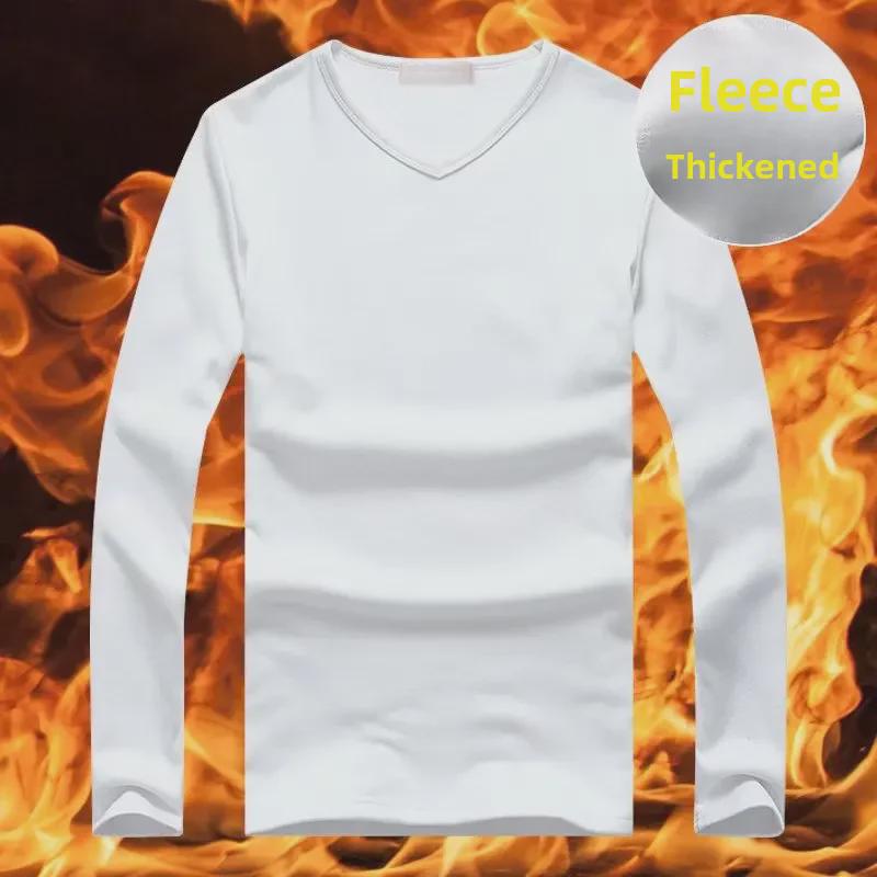 Férfi, V-nyakú, téli termikus hosszú ujjú felső, plusz bársony, vékony szabású, kívül-belül viselhető