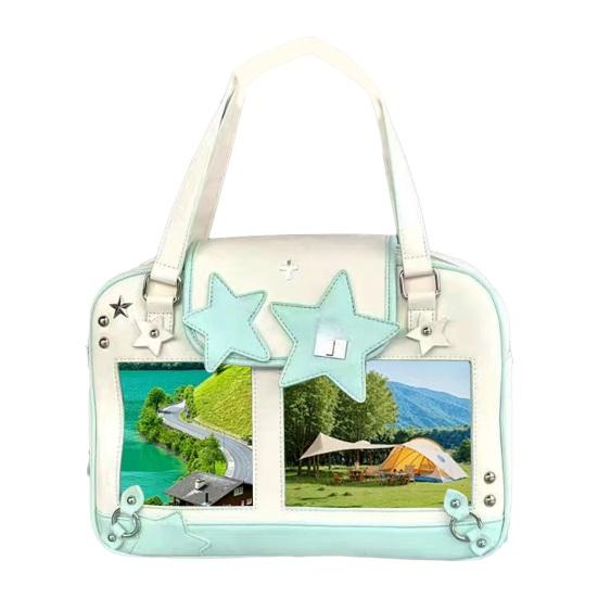 

Kawaii Ita Bag Shoulder Bag with Clear Windows Anime Pin Display Bag Doll Badge Display Tote Cute Star Handbag Holds 20cm Doll for Cosplay Anime зелёный