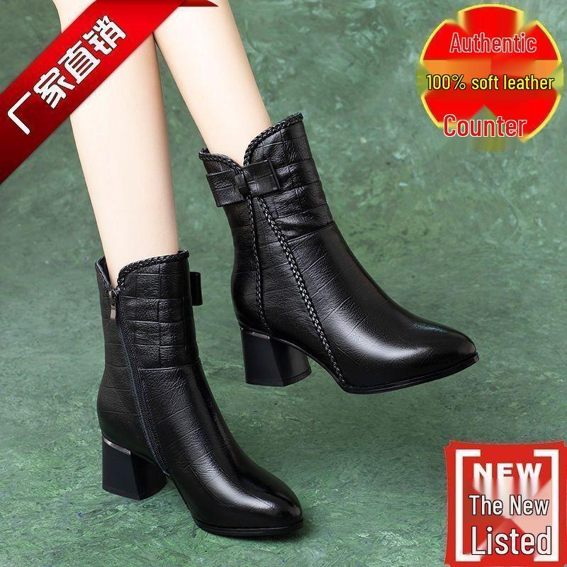 Winter 2025 Women's Chunky Heel Martin Boots: Genuine Leather, Round Toe, Plus Velvet, Fashionable and Versatile Ankle Boots