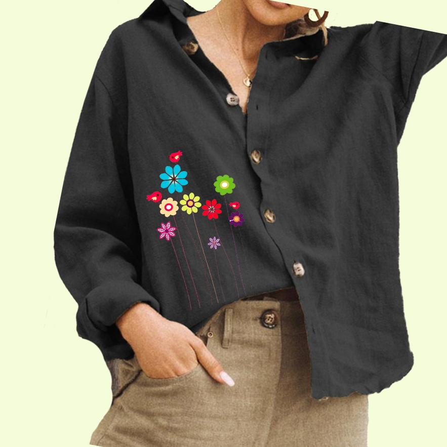 Women Fashion Flower Print Shirt Ladies Casual Button Down Blouse Cotton Linen Long Sleeved Top