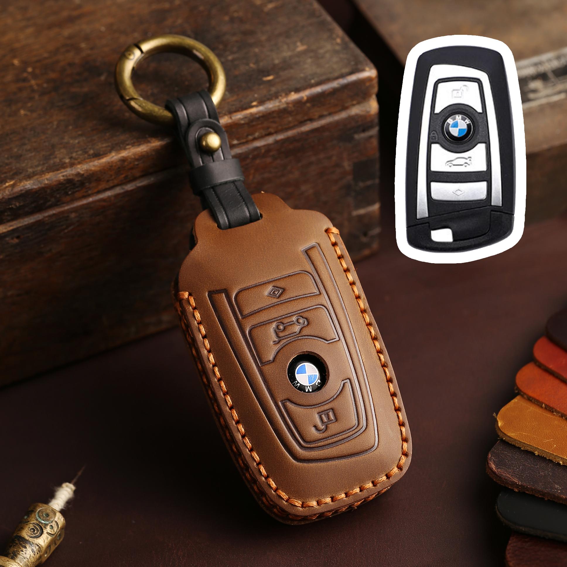 

Genuine Leather Key Case for BMW 3 5 7 Series X1 X3 X5 X6, Full Cover Fob Protector with Metal Keychain, F20 F30 F10 Compatible коричневий