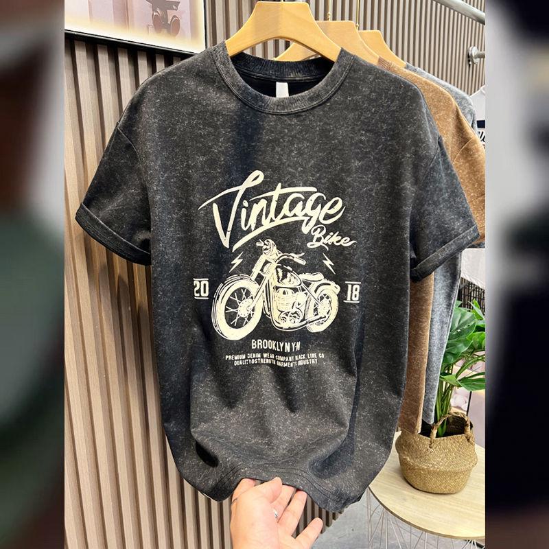 Sommer Motorrad Druck Kurzarm T-Shirt Herren Amerikanisch Retro Rundhals Locker Lässig Vielseitig Mode Männliches Oberteil