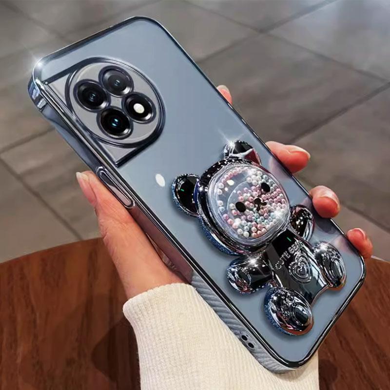 For Funda One Plus Glitter Plating Case On for Oneplus 12R 12 11R 11 R 10 Pro 8T 9R Cute Bear Bracket Transparent Stand Cover
