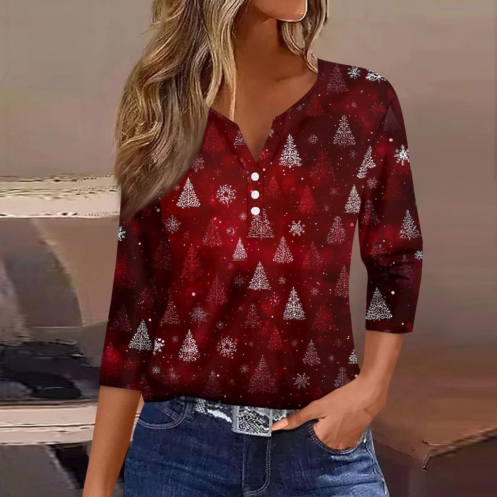 Women's T Shirt Christmas Print Button 3/4 Sleeve Daily Weekend Fashion Basic V- Neck Regular Top