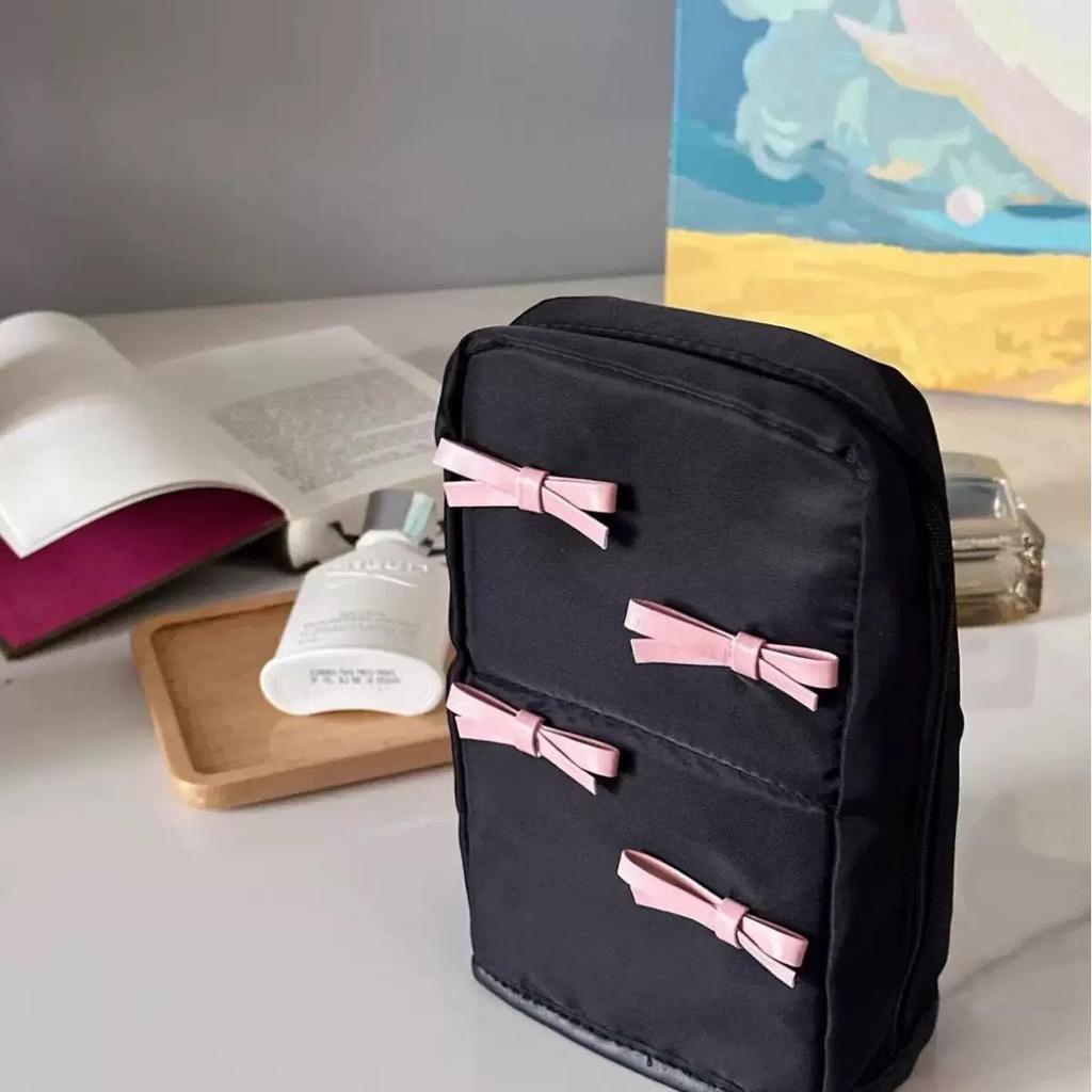 Korean Ins Style Makeup Bag with Bow - Large Capacity Skincare & Wash Bag