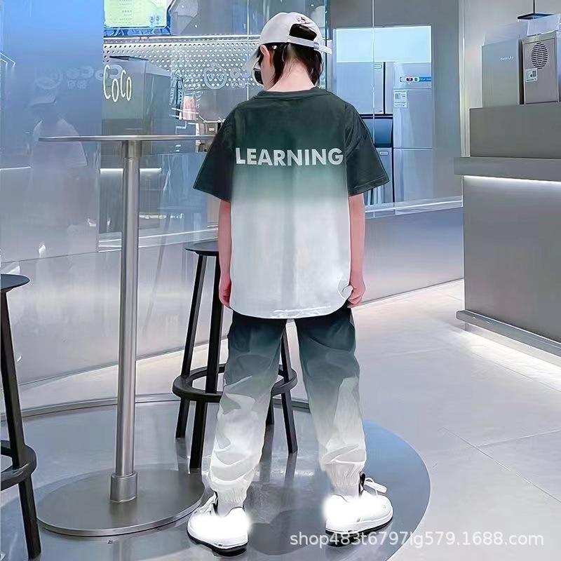 Summer Teenager Boys Clothes Casual Outfit Kids Gradient Tracksuit Child T Shirt + Ankle Tie Pant
