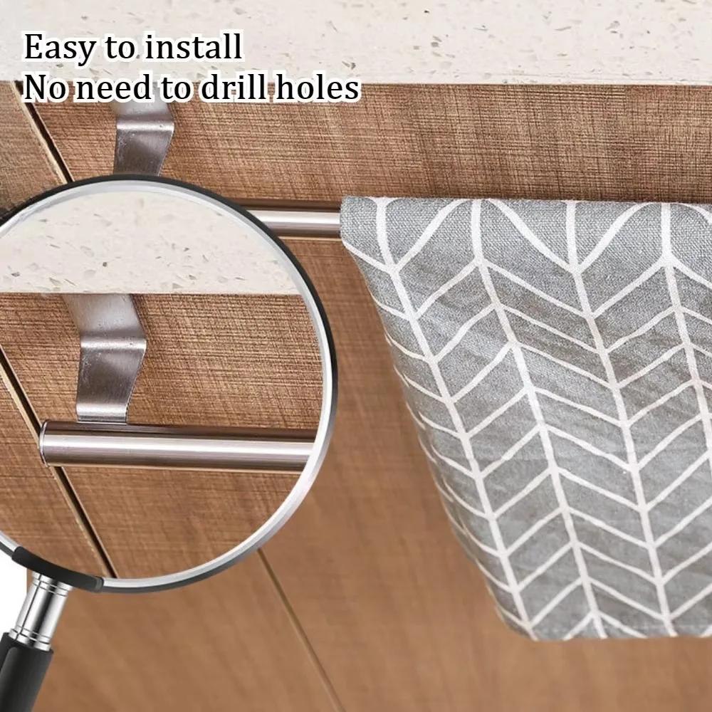 Single Pole Towel Rack Non Perforated Towel Hanging Rod Cabinet Kitchen Stainless Steel Racks Door Back Household Hanging Shelf