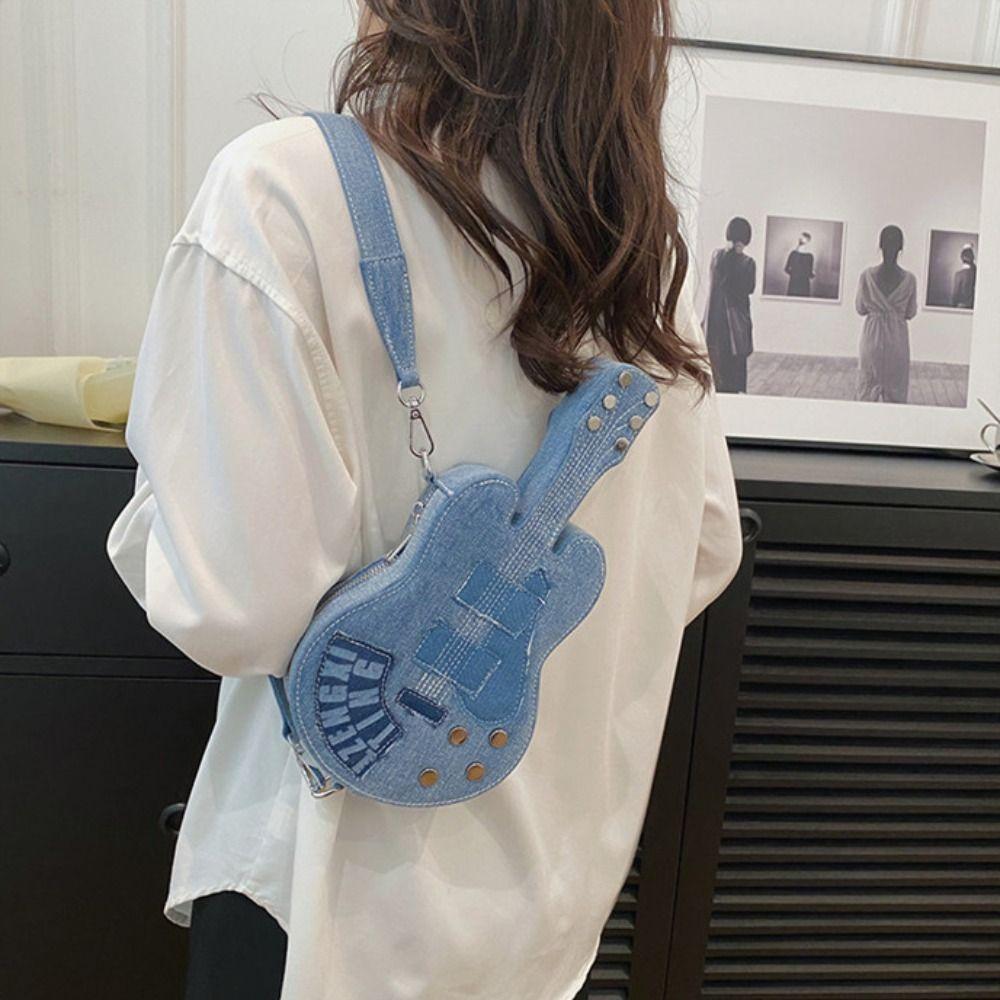 Large Capacity Denim Canvas Bag Y2k Jeans Messenger Bag Simple Guitar Crossbody Bag  Girl