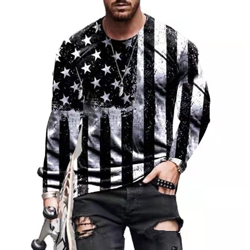 Spring and Autumn Round Neck 3D American Flag and Eagle Printed Top Fashionable Casual Long Sleeved Men's T-shirts