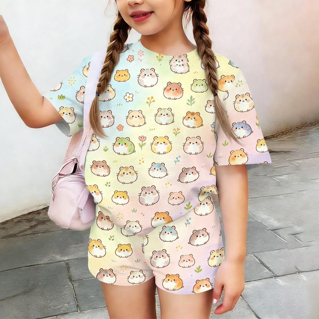Kids Casual Two Piece Set Short Sleeve Top and Shorts Animal Pattern Lightweight Comfortable Summer Outfit for Boys and Girls