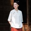 Johnature Women Chinese Style Shirts Tops Solid Color Summer Stand Button Vintage Women Shirts
