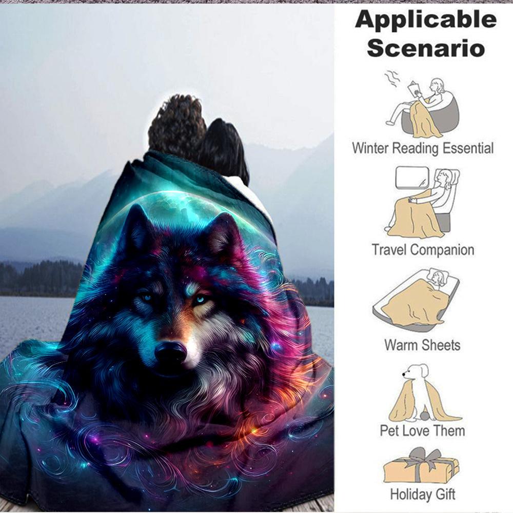 1pc Wolf Galaxy Art Blanket Lightweight Flannel Blanket Throw Blanket For Sofa, Bed, Travel, Camping yy2509026139