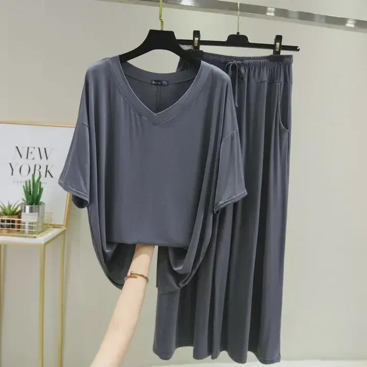 Spring/Summer Modal V-Neck Loose Casual Plus Size Pajama Set