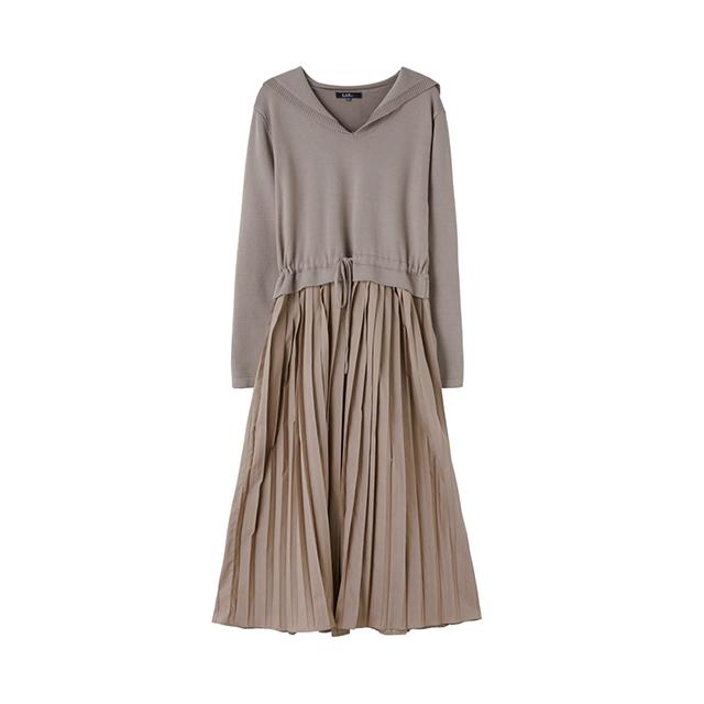 LAP Sailor Collar Contrast Pleated Knit Dress Ar1Wo220