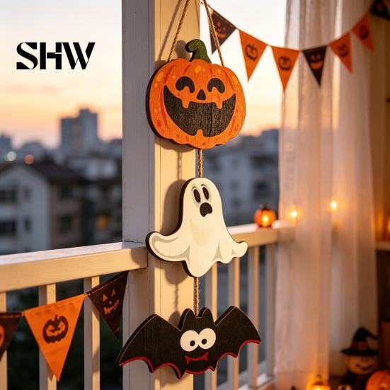 Funny Cartoon Party Wall Decorations Halloween Wooden Hanging Ornament, Jack-o'-Lantern Ghost Bat 3-Tier String Door Hanger, Cute Spooky Festival