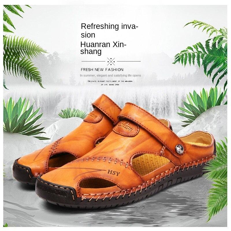 

Повседневные мужчины Мягкие сандалии Удобные Мужчины Лето Кожа Мужские тапочки Мужчины Римское лето Открытый пляж Сандалии Большой размер 38-48