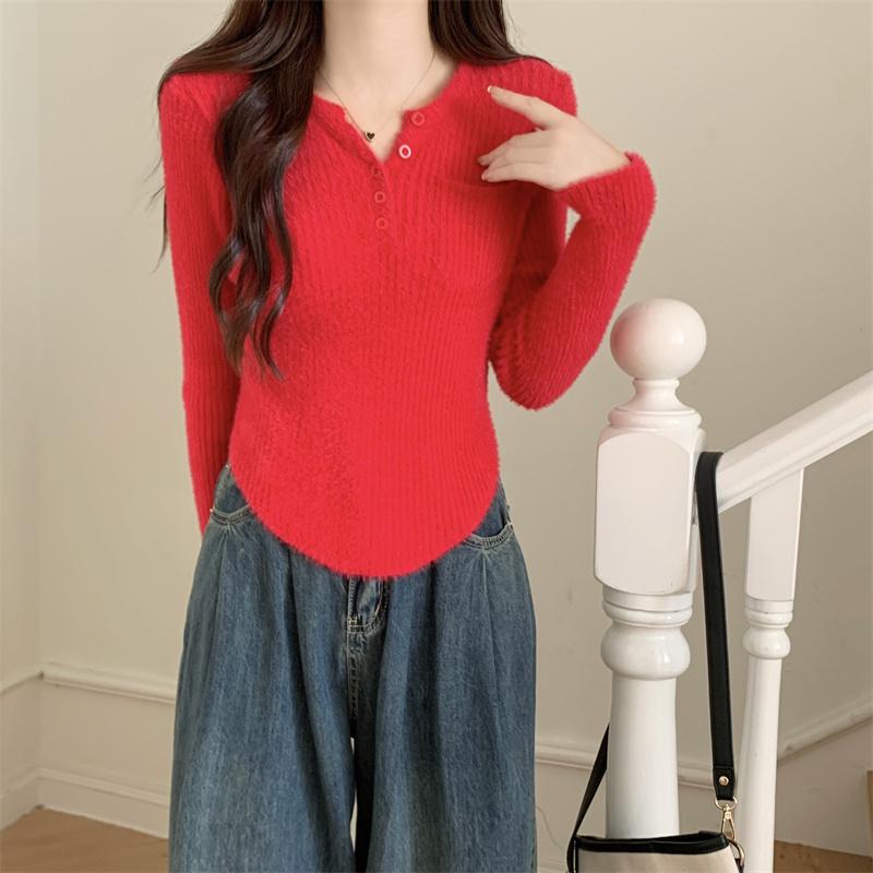 Весна Осень Женщины Y2k Длинный Рукав Искусственный Мех Норки Мохер Вязаный Свитер Пуловер Короткие Топы One Size