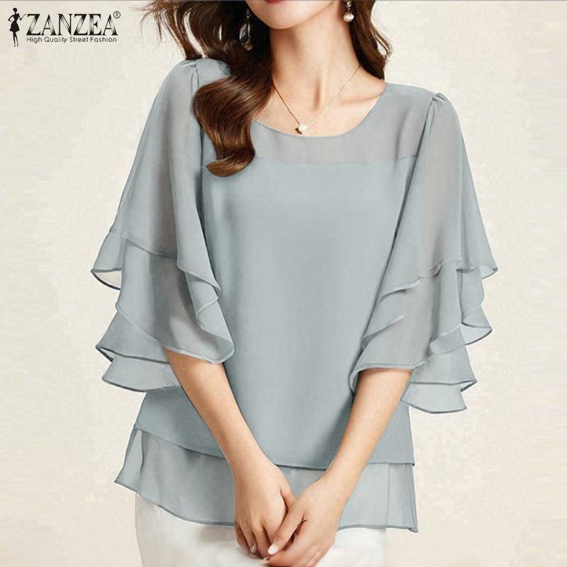 ZANZEA Women Casual Round Neck Ruffles Sleeve Loose Blouse