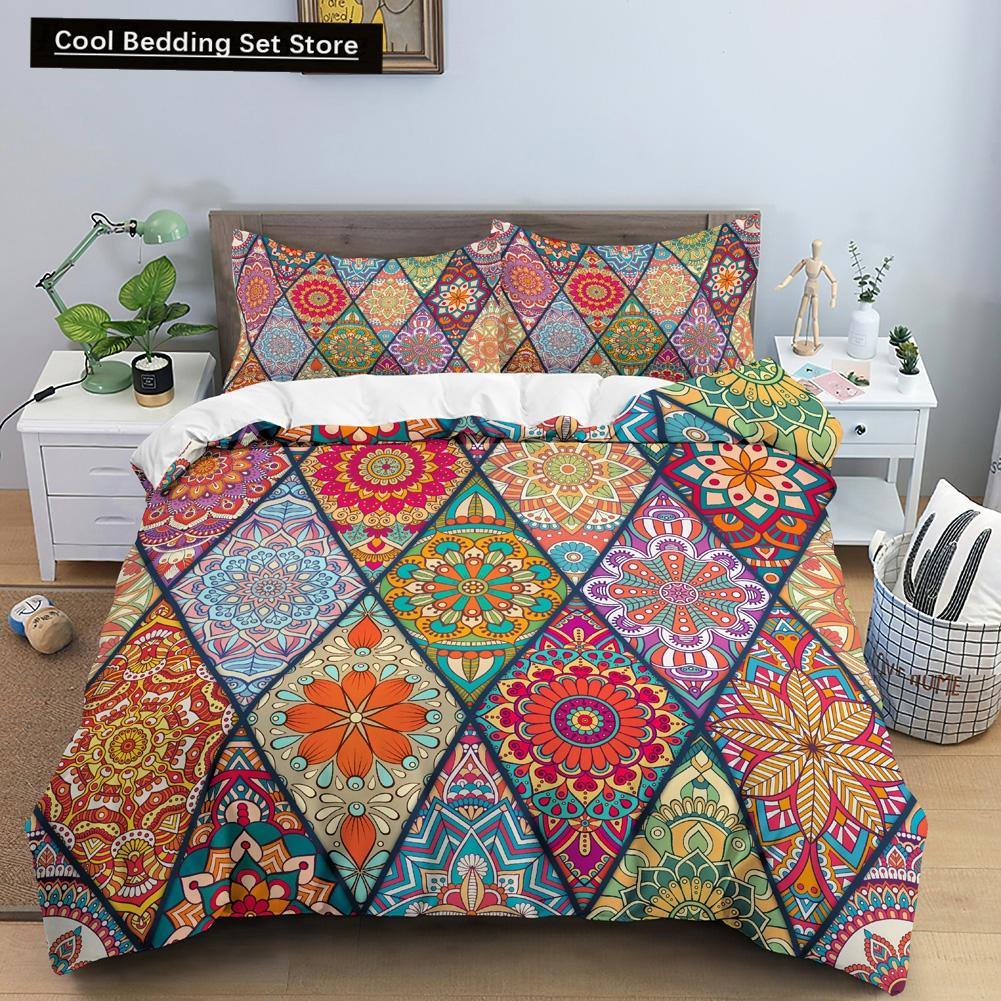 Geometric Mandala King Queen Duvet Cover Boho Ethnic Style Bedding Set for Teens Adults Mediterranean Soft Polyester Quilt Cover