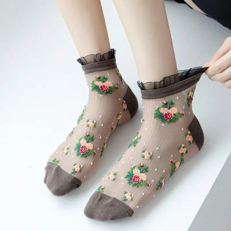 Japan Style Lace Ruffle Socks Flower Embroidery Harajuku Retro Women Short Socks Summer Ultra-thin Transparent Crystal Silk Sock