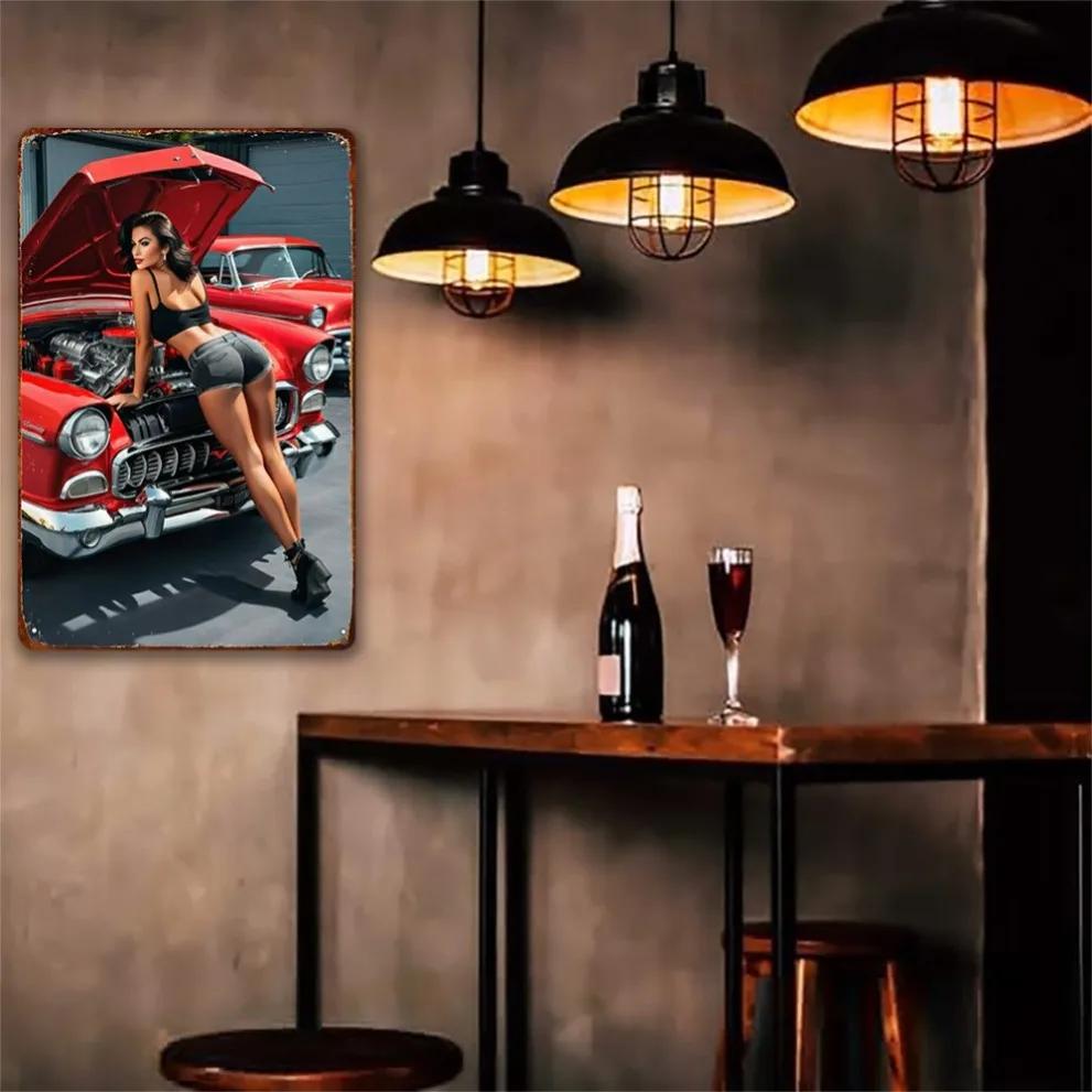 Vintage Metal Wall Art Nude Lady & Red Car - 8x12 Inch Garage Decor for Car Lovers, Durable Iron Sign for Man Cave/Studio/Study