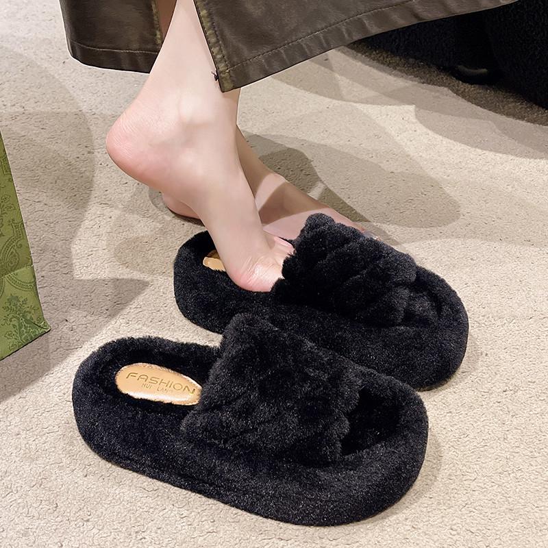 Fashion Aphixta Platform Warm Winter Furry Slippers Women Indoor Slippers Shoes Checkered Design Solid Color Footwear Size 42