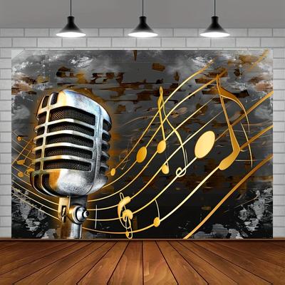 1 Piece of Retro-style Music Background with a Microphone and Golden Notes - Polyester Photo Background Music Room Decoration