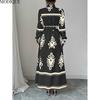 MODIQUE 2025 Spring New Women's Elegant Print Lapel Elastic Waist Belt Long Dress Ladies Casual A-Line Long Sleeve Dress
