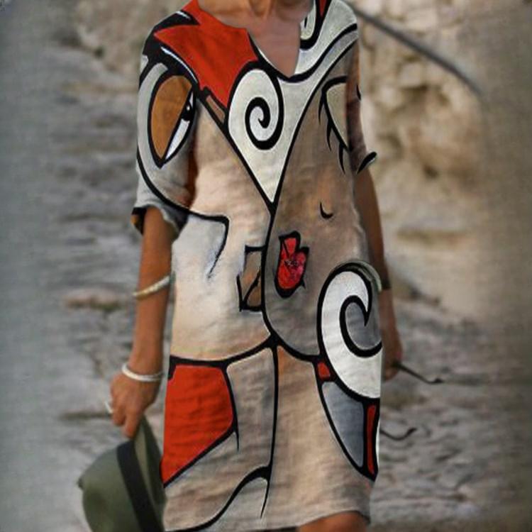 GMXIA Sommertrykk løs bambusfiber hamp blomster kortermet dame vintage litterær fem-kvarts erme med rund hals