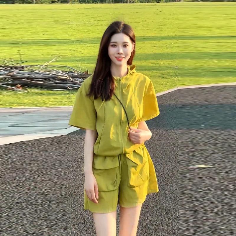 

Trendy Green Hooded Short Sleeve Shorts Set for Women - 2026 Summer Collection XL (for 61-68 kg)