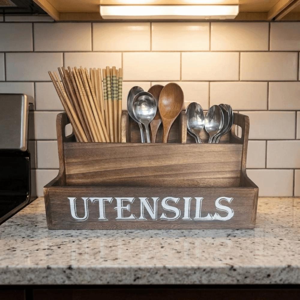 Wooden Spoon Fork Storage Box Space Saving Tableware Storage Rack Silverware Holder Living Room