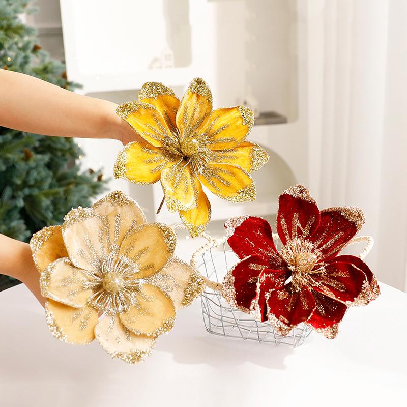 1 Piece of Fabric Flower Sparkling Tree Decoration Christmas Flowers Holiday Sparkling Frosted 22/15cm